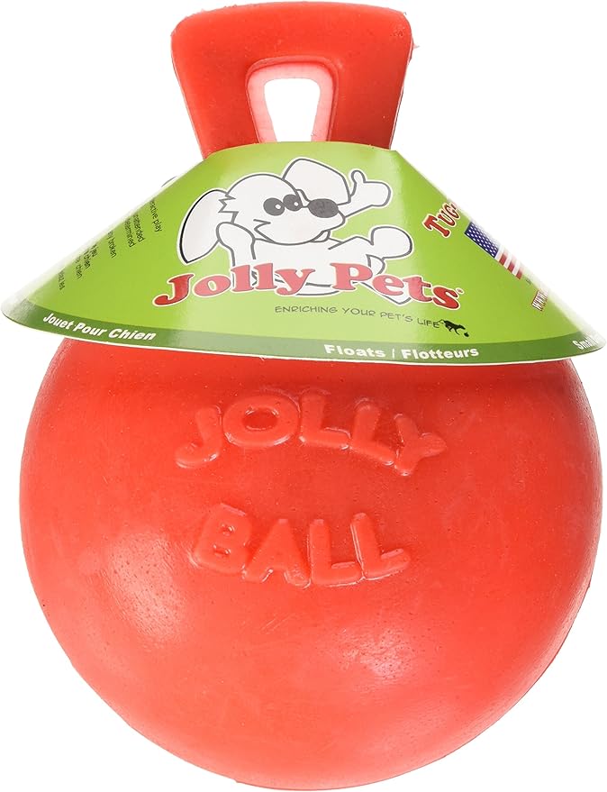 Jolly Pets Tug-n-Toss Heavy Duty Dog Toy Ball with Handle, 4.5 Inches/Small, Orange