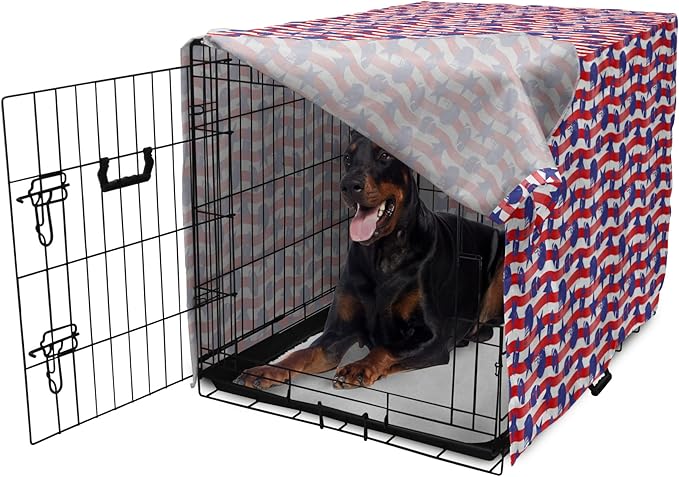 Lunarable Football Dog Crate Cover, Wavy Stripes and National Sport in American USA Inspired Colors, Easy to Use Pet Kennel Cover for Medium Large Dogs, 42 Inch, Coral Violet Blue White