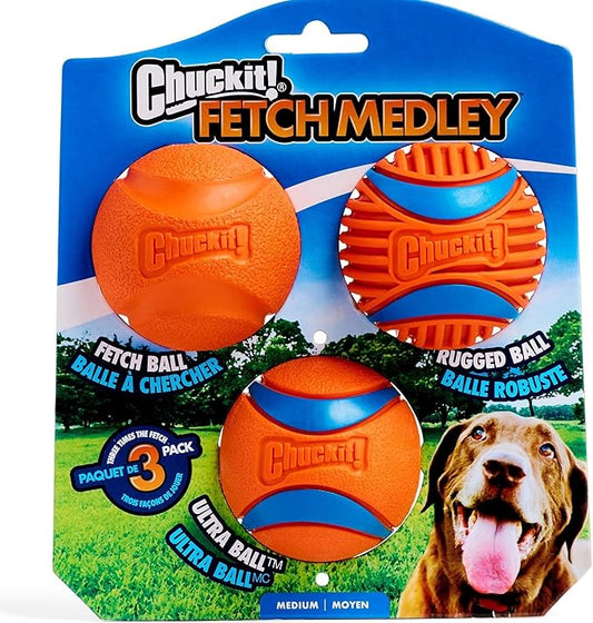 Chuckit! Gen 3 Fetch Medley Dog Balls - Includes the High-Bounce Fetch Ball, Floating Ultra Ball, and Rugged Ball - Durable Rubber Toys for Dogs 20-60 lbs - Size Medium - 2.5-inch Diameter - Set of 3