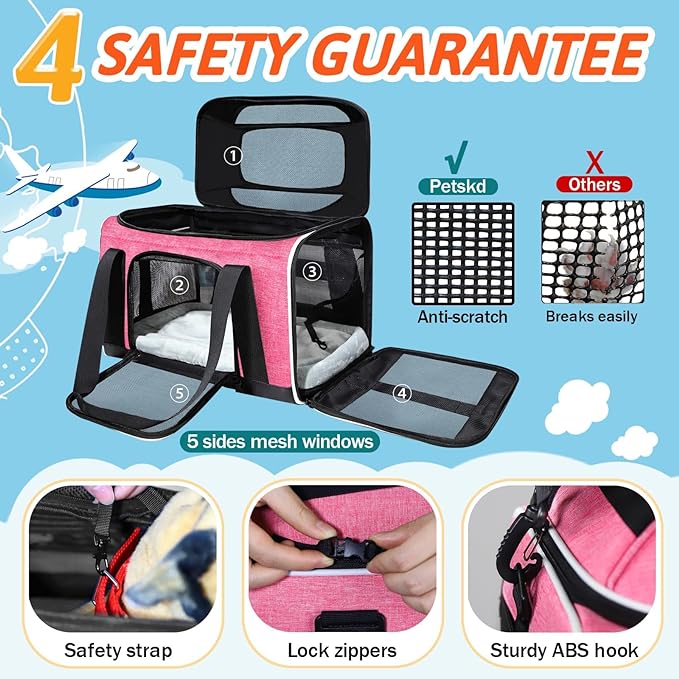 Petskd Top-Expandable Pet Carrier 18x13x9.5 Inches Southwest Allegiant Airline Approved, Soft-Sided Carrier for Small Cats and Dogs with Locking Safety Zippers and Anti-Scratch Mesh(Pink)