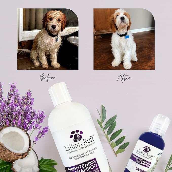 Lillian Ruff Ultra-Brightening Professional Dog Whitening Shampoo & Leave-in Dog Conditioner Detangler Spray Set - pH-Balanced, No Rinse Hydrating Conditioning Spray