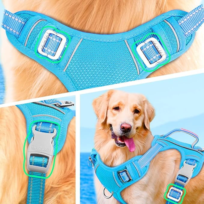 BARKBAY No Pull Dog Harness Large Reflective Dog Harness with Front Clip and Easy Control Handle for Walking Training Running with ID tag Pocket(Blue,XL)