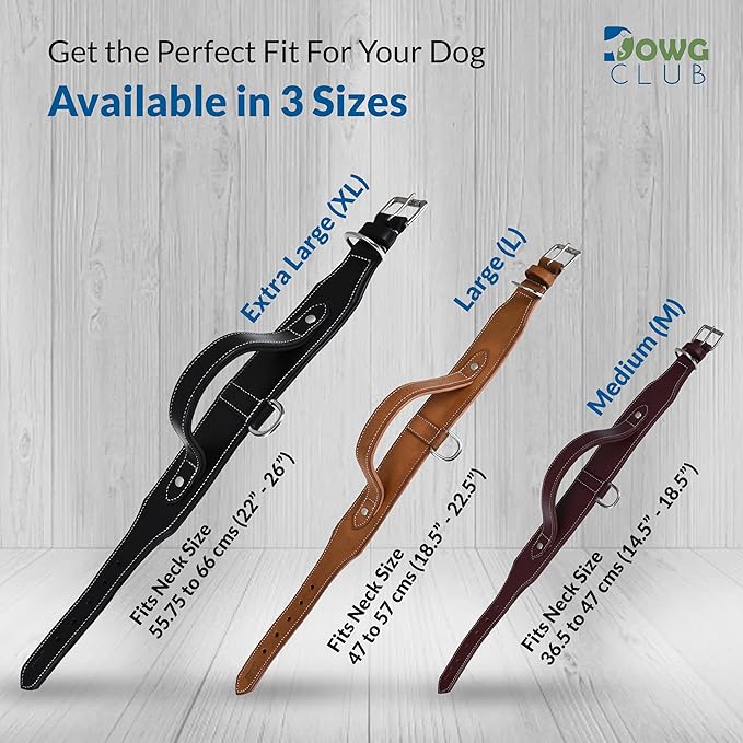Leather Dog Collar with Handle, 2 Inch Wide Saddle Grade Black Leather Dog Collar for Large Dogs | Heavy Duty, Comfortable, Inner Soft Padded, Strong | (L (Fit Neck Size 18.5"-22.5"), Black)