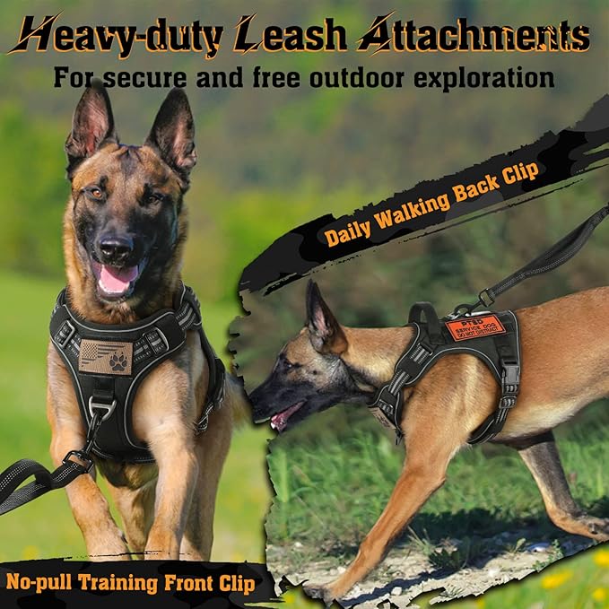 rabbitgoo Dog Harness for Large Dogs No Pull, Tactical Service Dog Vest with Molle and Control Handle, Adjustable and Reflective Military Pet Harness for Easy Walking and Training, Black, L
