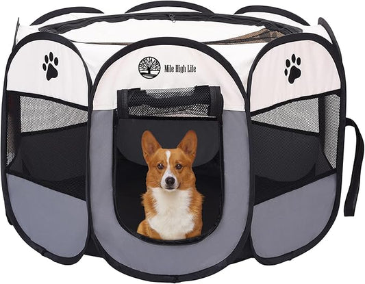 Mile High Life | Foldable Dog Playpen | Portable Dog Crate w Removable Shade Cover | Dog Kennel Indoor/Outdoor w Carry Case | Pen Tent for Dog/Cat/Rabbit(Gray, Small (29"x29"x17"))