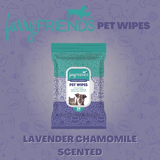 FurryFriends Pet Wipes | Lavender Chamomile Scented | Hypo-allergenic | Alcohol Free| Deodorizing | Removes Loose Hair & Dirt | Incredibly Clean | 4 Pack