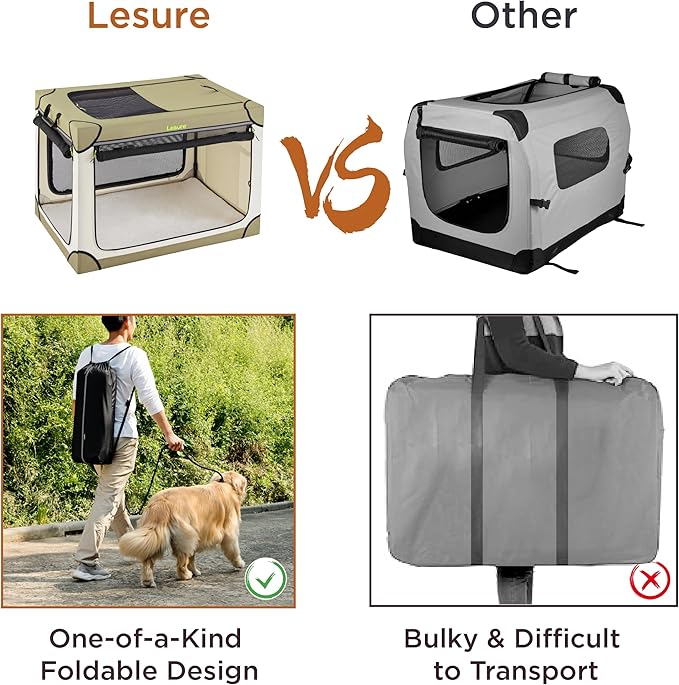 Lesure Soft Collapsible Dog Crate - 42 Inch Portable Travel Crate for Extra Large Dogs Indoor & Outdoor, 4-Door Foldable Pet Kennel with Durable Mesh Windows, Beige