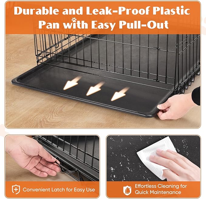 Sweetcrispy Medium Dog Crate with Divider Panel, 30 Inch Double Door Folding Metal Wire Dog Cage with Plastic Leak-Proof Pan Tray, Pet Kennel for Indoor, Outdoor, Travel