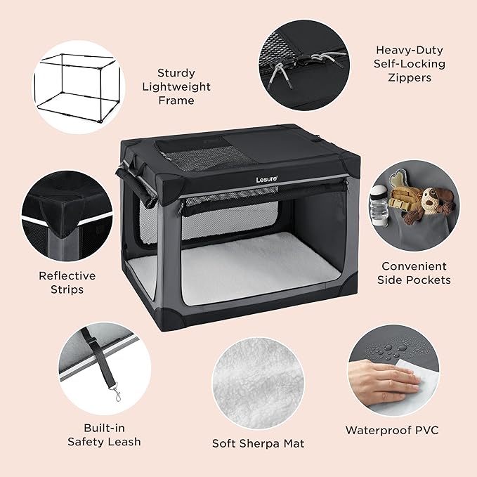 Lesure Soft Collapsible Dog Crate - 26 Inch Portable Travel Crate for Small Dogs Indoor & Outdoor, 4-Door Foldable Pet Kennel with Durable Mesh Windows, Black