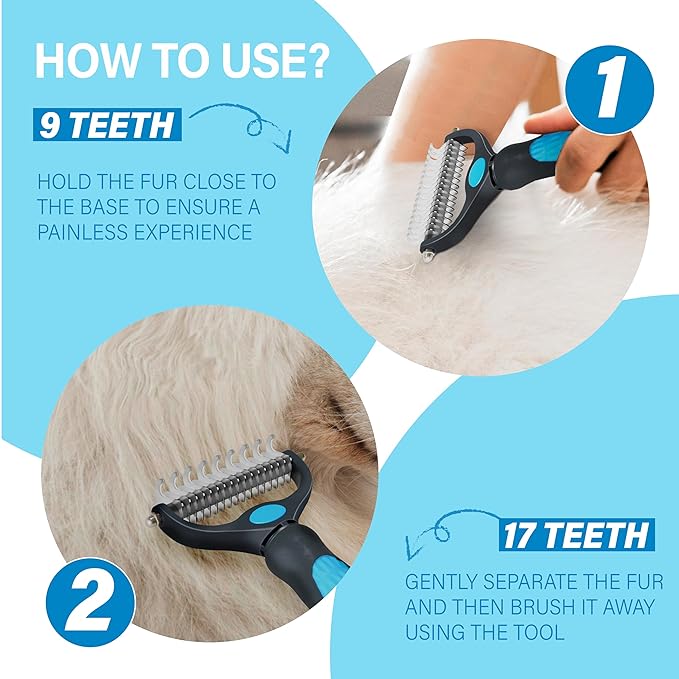 Pet Grooming Brush, Handheld Metal Blade Undercoat Dematting Rake, Double-Sided Extra Wide, Suitable for Long-Haired Dogs and Cats Comb, Focused on Removing Mats and Tangles (Blue)