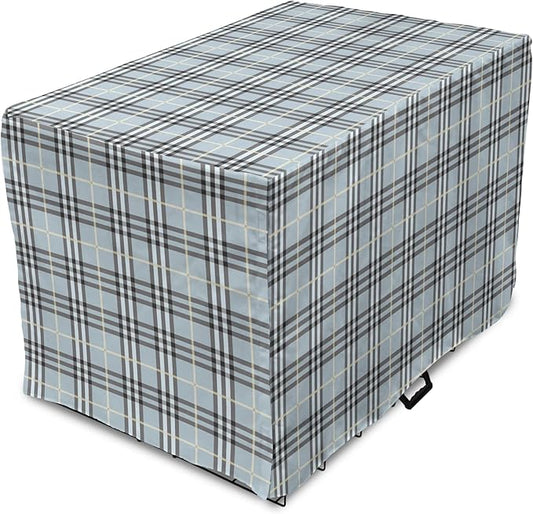 Lunarable Plaid Dog Crate Cover, Traditional Vintage Pattern with Modern Look Checkered Pastel Colored, Easy to Use Pet Kennel Cover for Medium Large Dogs, 42 Inch, Pale Blue Dimgray Cream