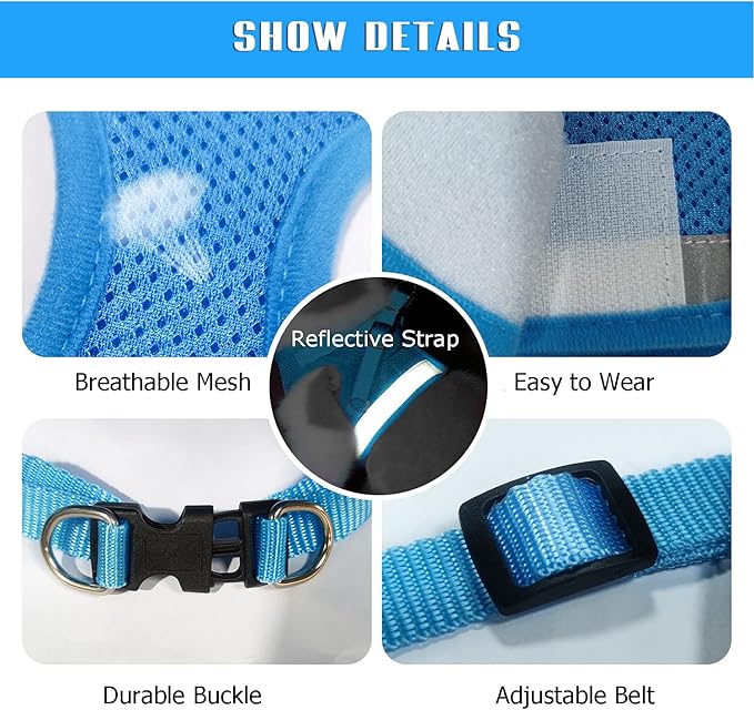 FEimaX Dog Harness and Leash Set for Walking, Soft Mesh Adjustable Easy Control Lightweight Cat Vest Harnesses with Reflective Strips, Escape Proof Small Dogs Cats Vests (Azure, Medium)