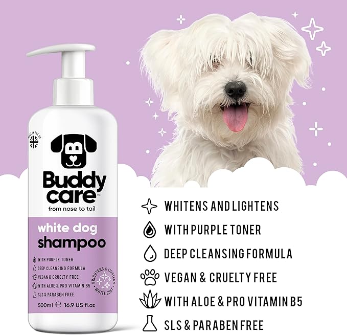 White Dog Shampoo by Buddycare | Brightening and Whitening Shampoo for Dogs | Deep Cleansing, Fresh Scented | with Aloe Vera and Pro Vitamin B5 (50.72oz)