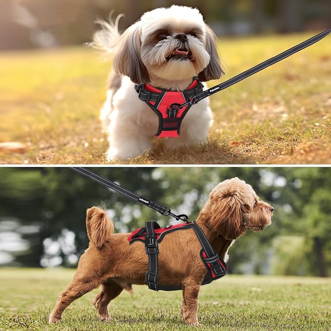 No Pull Dog Harness Medium Reflective Front Clip Vest with Pocket, Adjustable 2 Metal Rings 2 Buckles Easy to Wear & Take Off (Red)