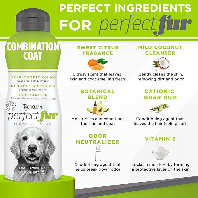 TropiClean Perfect Fur Deodorizing and Deshedding Dog Shampoo for Smelly Dogs, for Breeds with Long and Short Fur, Odor Control, Puppy Safe, 16oz.