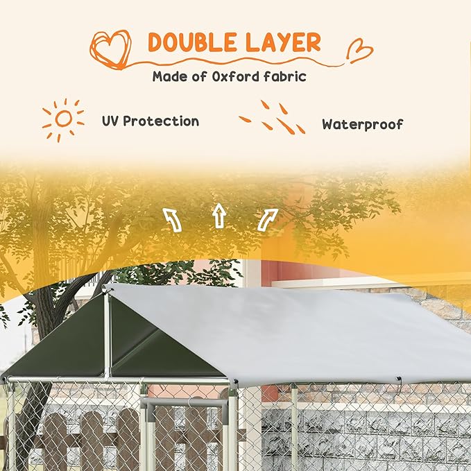 PawHut Large Dog Kennel Outside, Heavy Duty Dog Cage with Waterproof Cover, Outdoor Fence Dog Run with Galvanized Chain Link, Secure Lock, 6.6' x 6.6' x 7.8'