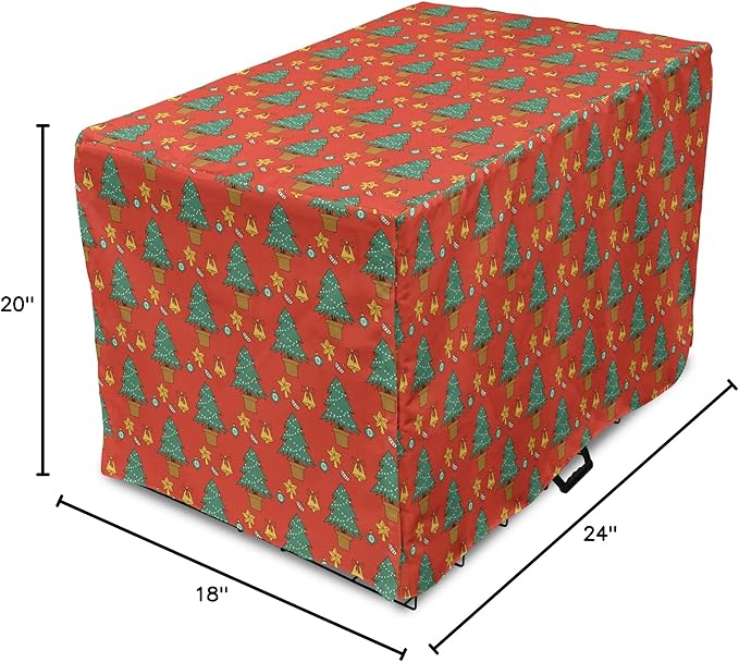 Lunarable Christmas Dog Crate Cover, Baubles Jingle Bells Pine Trees Motifs Colorful Composition Print, Easy to Use Pet Kennel Cover for Cats & Medium Dogs, 24 Inch, Vermilion Multicolor