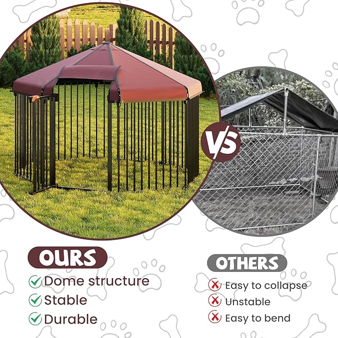 Large Dog Kennel Outside with Roof, Outdoor Dog Kennel with Metal Gate, Heavy Duty Hexagonal Dog Kennel with Lock for OuLarge Dog Kennel Outside with Roof, Outdoor Dog Ketdoor Backyard (4.9x4.9x3.6FT)