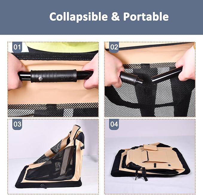 JESPET 36'' Soft Dog Crates Kennel for Pets, 3 Door Soft Sided Folding Travel Pet Carrier with Straps and Fleece Mat for Dogs, Cats, Rabbits, Grey Blue & Beige (36" L x 24" W x 27" H, Beige)