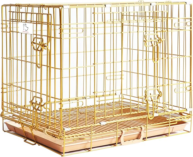HOMEY PET 24" Gold Color Folding Design Dog Crate Puppy Ertra Small Breed Dog Kennels with Removable Floor Grid and Pull Out Tray, Dog Cage Copper Gold Finish
