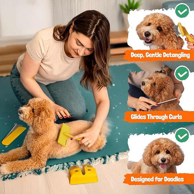 Slicker Brush for Dogs - Doodle Brush - Goldendoodles Labradoodles Bernedoodles - Goldendoodle Must Haves - Poodle Comb and Cases Included - Medium - Yellow