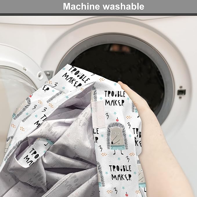 Lunarable Cartoon Dog Crate Cover, Hedgehog Trouble Maker Lettering with Apple and Stars Bad Boy Print, Easy to Use Pet Kennel Cover for Cats & Medium Dogs, 24 Inch, Pearl Pale Blue