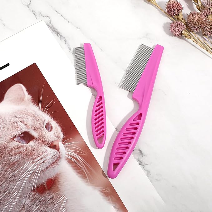 Pet Hair Comb Tear Stain Removal,2 Pack Multifunctional Pets Grooming Comb Kit 2 in 1 Dog Combs Stainless Grooming Massage Dual-Sided Comb for Knots Crust Floating Hair Tangle Fleas(Pink)