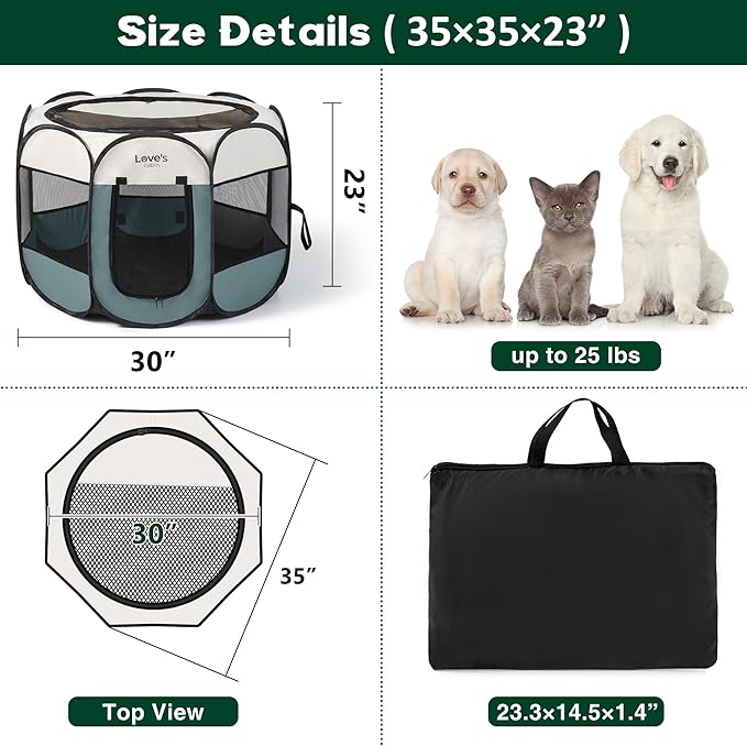 Love's cabin Pet Puppy Dog Playpen, Medium Dog Tent Crates Cage Indoor/Outdoor, Portable Playpen for Cat, Foldable Pop Up Dog Kennel Playpen with Carring Case, Removable Zipper Top, Moss Green