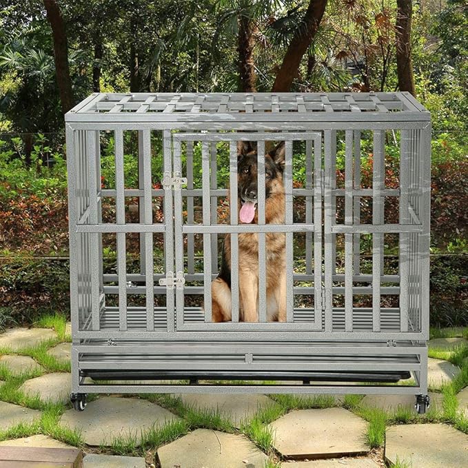 LUCKUP Heavy Duty Dog Cage Metal Kennel and Crate for Medium and Large Dogs, Pet Playpen with Four Wheels,Easy to Install,38 inch,Silver …