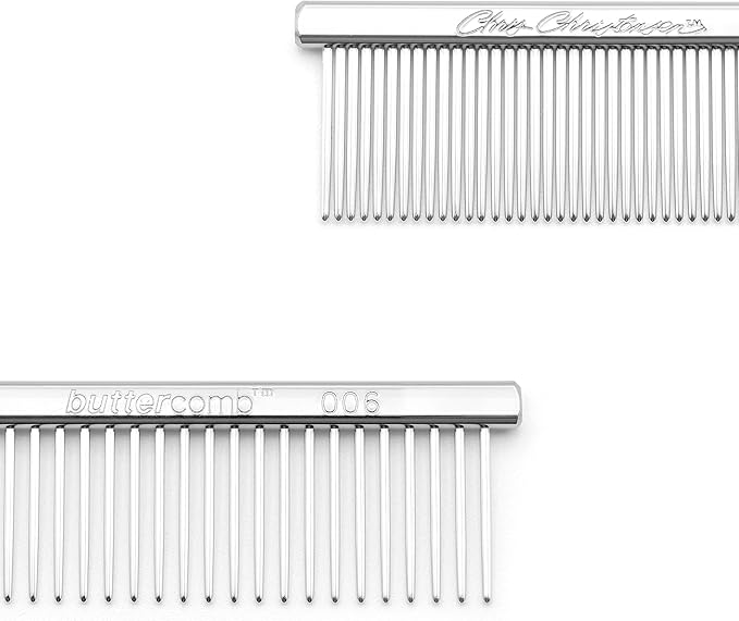 Chris Christensen 5in Face and Feet Fine/Coarse Butter Comb, Groom Like a Professional, Rounded Corners Prevent Friction and Breakage, Solid Brass Spin with Steel Teeth, Chrome Finish