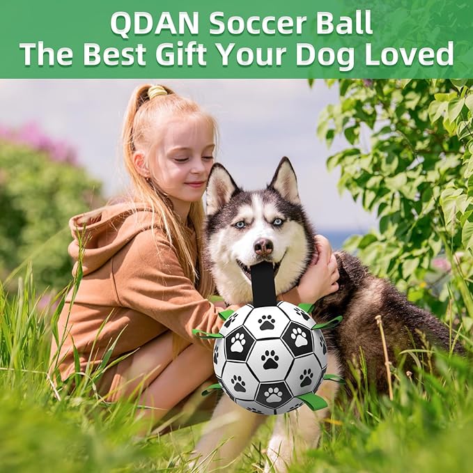 QDAN Dog Toys Extra Large Soccer Ball with Straps, Interactive Dog Toys for Tug of War, Puppy Birthday Gifts, Dog Tug Toy, Dog Water Toy, Durable Dog Balls World Cup for Large Dogs(9 Inch)