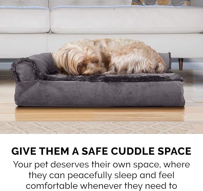 Furhaven Orthopedic Dog Bed for Medium/Small Dogs w/ Removable Bolsters & Washable Cover, For Dogs Up to 35 lbs - Plush & Velvet L Shaped Chaise - Platinum Gray, Medium