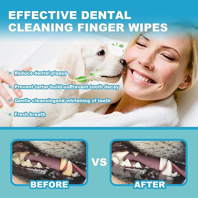 PET Teeth Cleaning Wipes for Dogs & Cats, No-Rinse Finger Toothbrush, Reduces Plaque & Freshens Breath Teeth Care Wipes,Disposable pet Cleaning and Gum Care Wipes, 50 Count