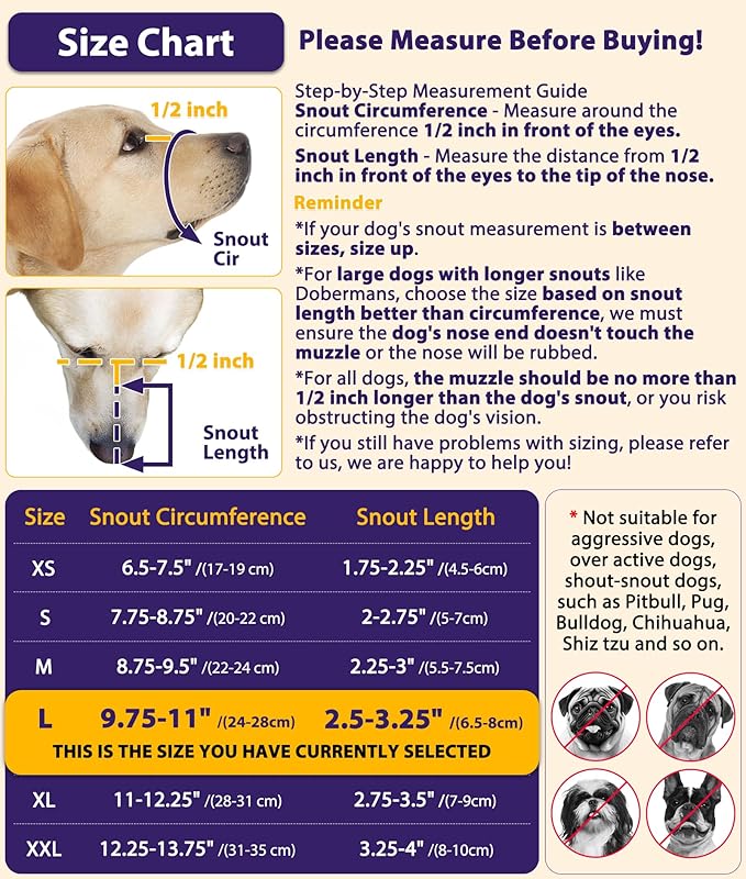 LUCKYPAW Dog Muzzle, Mesh Muzzle for Large Medium Small Dogs with Front Opening Design, Dog Mouth Cover to Prevent Biting, Licking, Chewing, Scavenging, Allows Drinking (L-Snout:9¾-11", Purple)