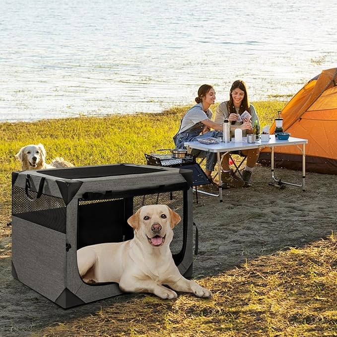 36 Inch Portable Travel Dog Crate, 3 Door Collapsible Soft Pet Kennel with Durable Mesh Windows for Medium Dogs, Foldable Dog Cage with Storage Pocket for Outdoor (Dark Grey)