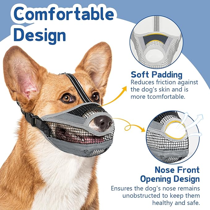 Dog Muzzle for Large Medium Small Dogs, Soft Mesh Muzzle for Dogs with Reflective Adjustable Strap, Prevent Biting Chewing and Licking, Dog Nose Open Design for Reduction Friction (Grey, M)