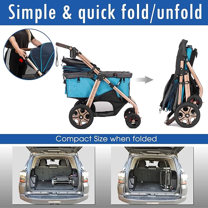 HPZ Pet Rover Titan-HD Premium Super-Sized Dog/Cat/Pet Stroller SUV Travel Carriage/w Access Ramp/100Lbs Capacity/Pumpless Rubber Wheels/Aluminum Frame for Small, Med, Large, XL Pets (Blue)
