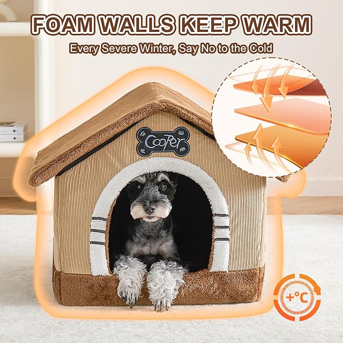 Jiupety Indoor Dog House with Frame, Large Dog Cave Bed, Insulated Cozy, Suitable for 15-30 lb, Large (20"×18"×18"), Brown