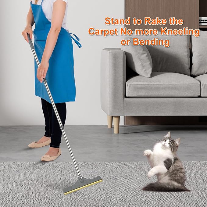Stainless Steel Carpet Rake for Pet Hair Removal, Reusable Cat Dog Hair Remover with 47’’ Adjustable Long Handle Advanced Lint Remover Scraper for Carpets, Rugs, Mats, Furniture (Grey)