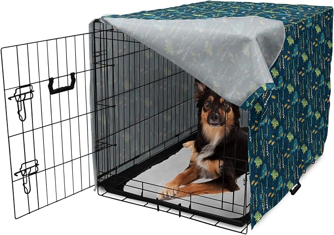 Lunarable Jurassic Dog Crate Cover, Evolution Marine Dinosaurs and Nautical Foliage Animal, Easy to Use Pet Kennel Cover for Medium Large Dogs, 36 Inch, Petrol Blue Pale Green