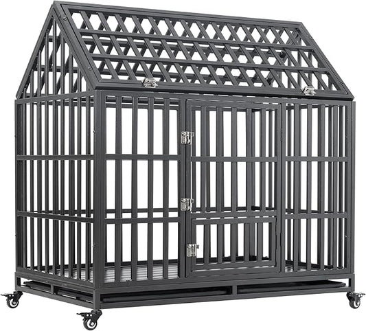 NicBex 47.2 Inch Heavy Duty Dog Crate Strong Metal Pet Kennel Playpen and Crate with Roof,Removable Trays and Wheels,Furniture Style Dog Crate for Medium/Large Dogs,Black