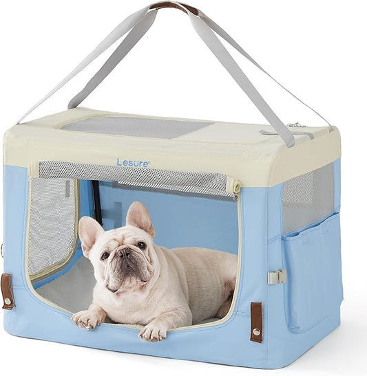 Lesure Collapsible Travel Dog Crate for Small Dogs, Portable Soft Dog Crate for Outdoor & Indoor, Folding Fabric Dog Kennel with Handle, 28 Inch Heavy Duty Pet Carrier (Blue)