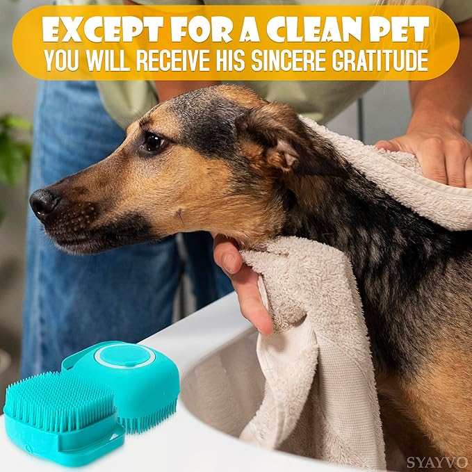 Silicone Pet Hair Brush and Shampoo Dispenser - Dog and Cat Bath Scrubber with Soap Dispenser for Indoor Pets
