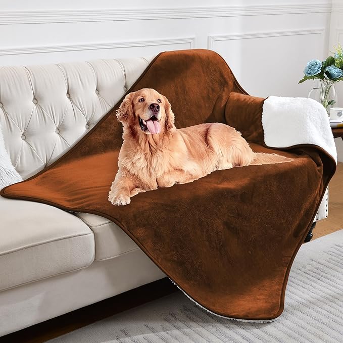 Waterproof Blanket for Bed Couch Sofa, Soft Liquid Pee Proof Pet Blanket for Dog Puppy Cat, Reversible Sherpa Fleece Blanket for Furniture Protector (Caramel, 50x60 inches)