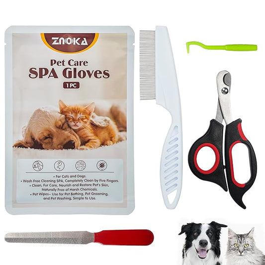 Pet Grooming Glove - Gentle Deshedding Brush Glove, Pet Bathing Wipes - Enhanced Five Finger Design - Daily Care and Traveling - Perfect for Dog & Cat with Long & Short Fur (5pcs/1-Kit)