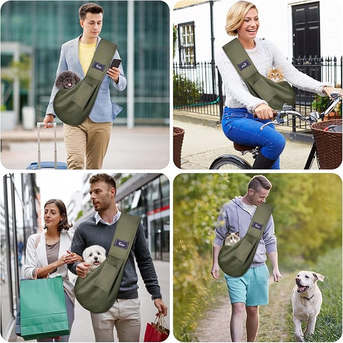 CUBY Dog and Cat Sling Carrier, Hands Free Reversible Pet Papoose Bag, Soft Pouch Adjustable, Suitable for Puppy Cats for Outdoor Travel (Green Mesh, one Size mesh)