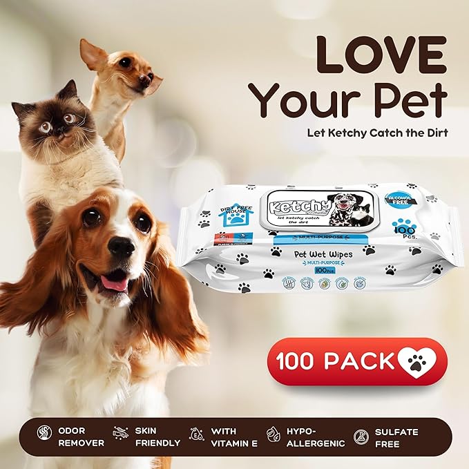 KETCHY Dog Wet Wipes, Multi-Purpose, Alcohol & PARABEN Free, Vitamin E, SULFATE Free, Dog, Cat and Pet Wipes, Odor Remover, Hypoallergenic, Skin PH Friendly - 100 PCS
