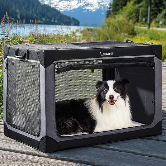 Lesure Soft Collapsible Dog Crate - 36 Inch Portable Travel Crate for Large Dogs Indoor & Outdoor, 4-Door Foldable Pet Kennel with Durable Mesh Windows, Black