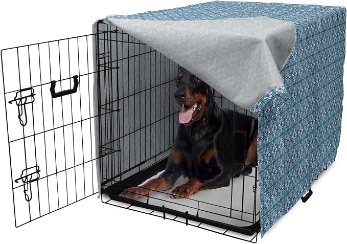 Lunarable Talavera Dog Crate Cover, Folkloric Tile Inspired Pattern of Moroccan Culture Print, Easy to Use Pet Kennel Cover for Medium Large Dogs, 42 Inch, Sea Blue Pale Teal