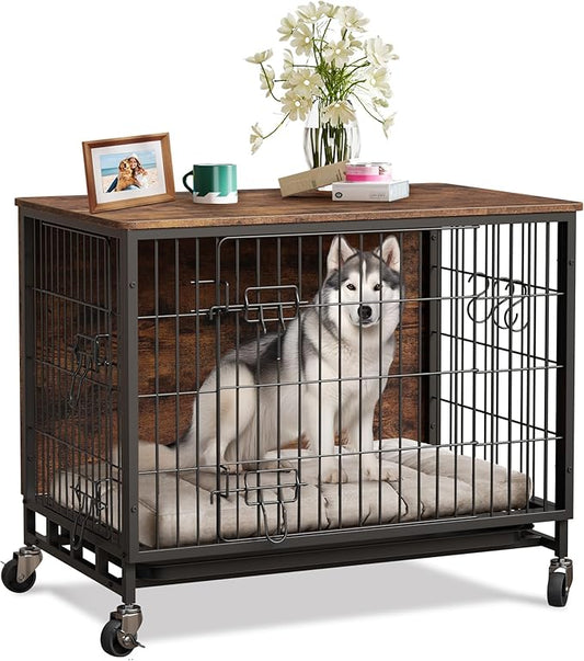 Dog Crate Furniture, 38.6" L Indoor Kennel with Double Doors, Sturdy Dog Cage with Easy Assembly, Wheels & Removable Tray, Rustic Brown